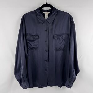Silk Blouse Long Sleeve Shirt Navy Blue Button Up L